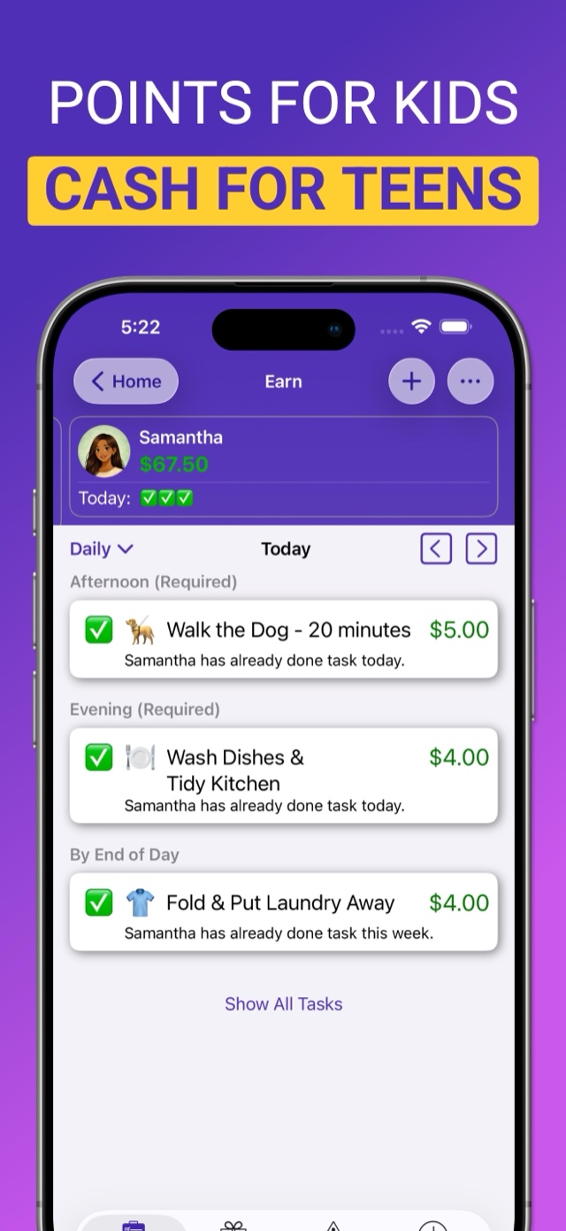 Points for kids, cash for teens: real-dollar allowance chores