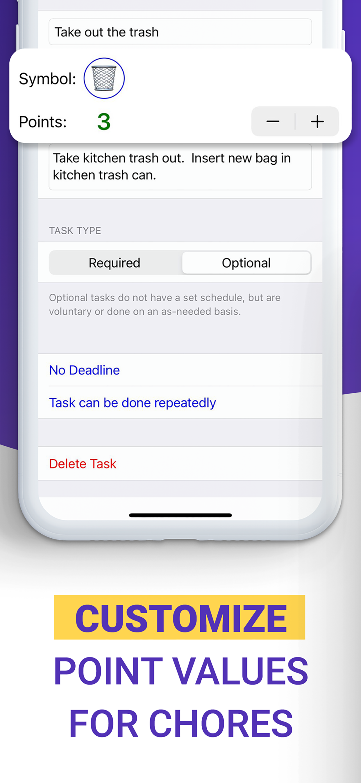 Customize point values for chores
