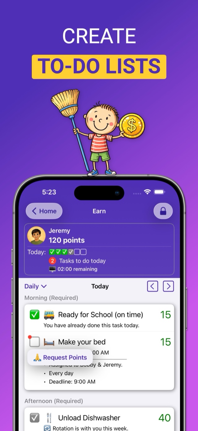 Create to-do lists: a child's daily chore list with points for each task